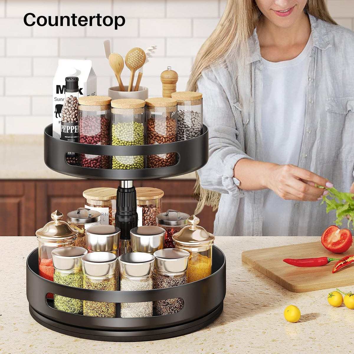 Lazy Susan Organizer Spice Rack - 2 Tier Height Adjustable Spice Organization for Cabinet, Metal Seasoning Organizer Lazy Turntable Spice Organizer for Table Top Pantry Kitchen Storage (10 inch)