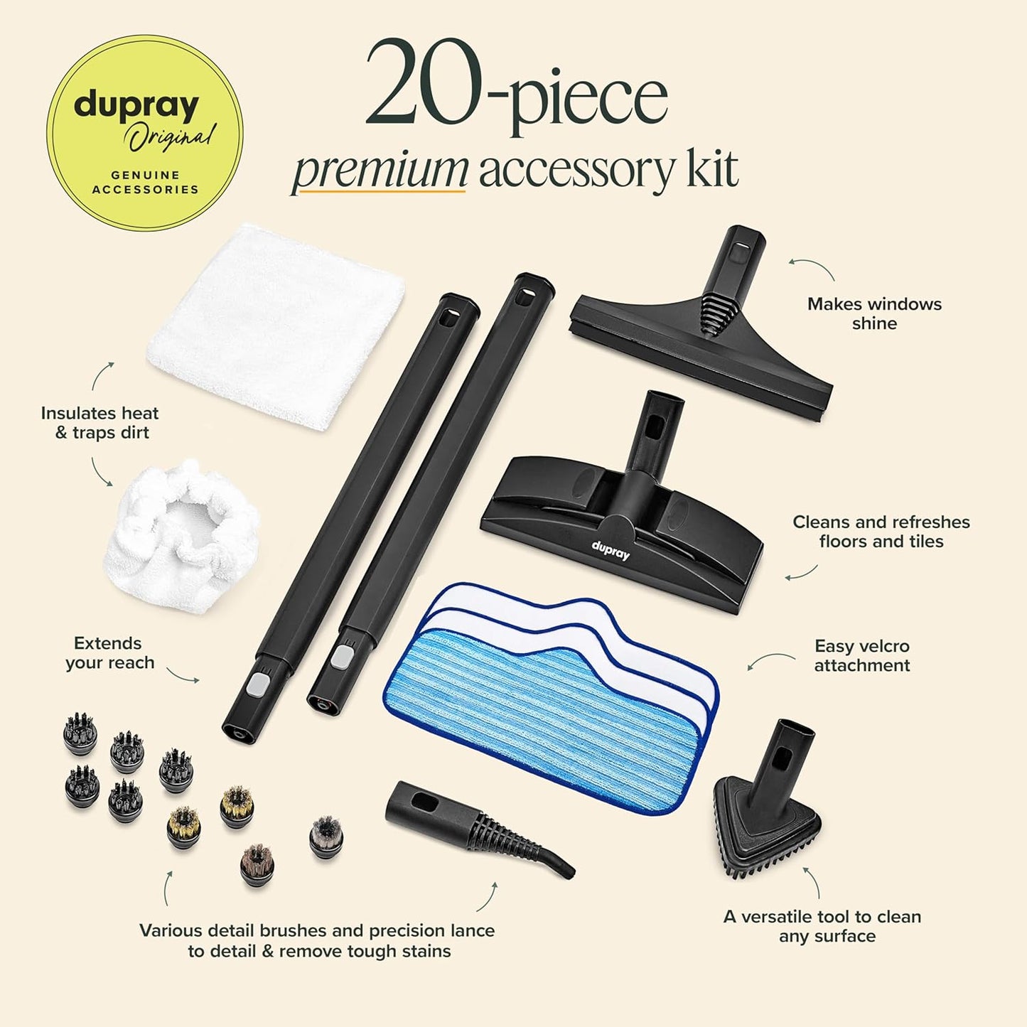 Dupray Neat Steam Cleaner for Home - 20 pieces | Powerful multipurpose steamer | Chemical-free cleaning for floor, car, wall, grout &amp; kitchen | Steam mop|20 Accessories