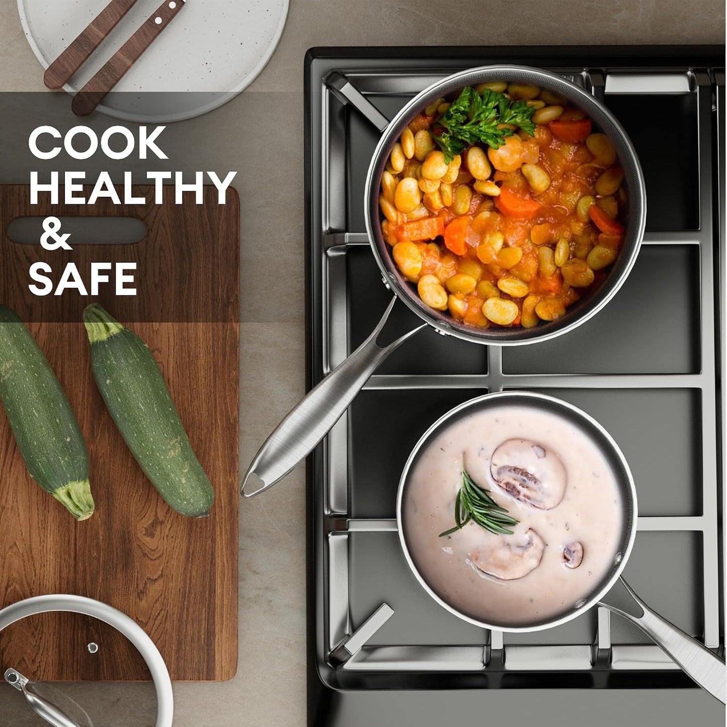 COOKER KING 3 Quart Stainless Steel Saucepan with Lid, Tri-Ply Ceramic Nonstick Pot, Metal Utensil Safe, Dishwasher & Ov