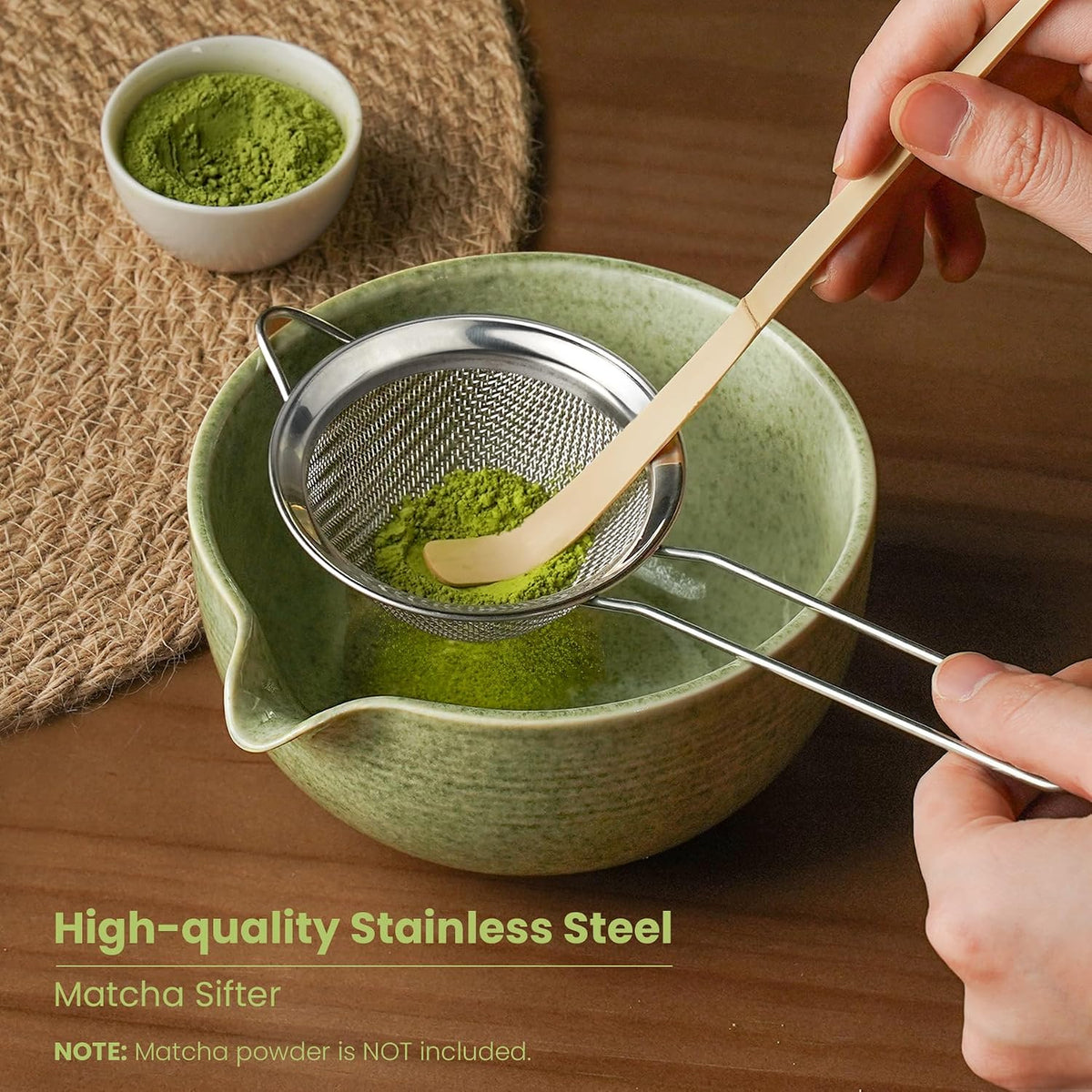 Matcha Whisk Set, Ceramic Bowl Matcha Kit &amp; Handcrafted Bamboo Chasen | Complete 5 Pcs Matcha Set Whisk and Bowl, Stainless Steel Sifter, Bamboo Scoop &amp; Holder for Matcha Lovers(Mottled Green)