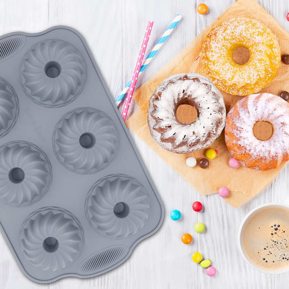 Tongjude 8 Pieces Silicone Donut Pans, Nonstick Silicone Muffin Pans, Heat Resistant Kitchen Oven Baking Cups, Dishwasher Safe and Microwave Safe, Grey