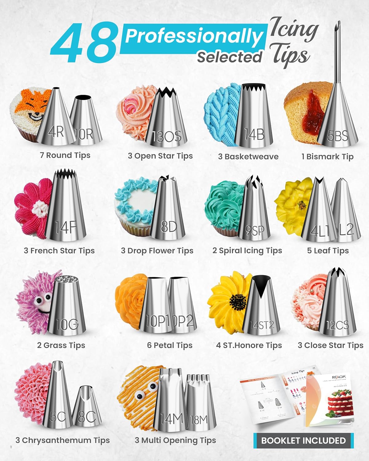 RFAQK 74PCs Icing Piping Bags and Tips Set, Cake Decorating Kit with 48-Numbered Piping Tips, 12inch Anti Burst Pastry Bags, Booklet, E-book &amp; Complete Video Course for Cookie Cupcake Cake Decoration