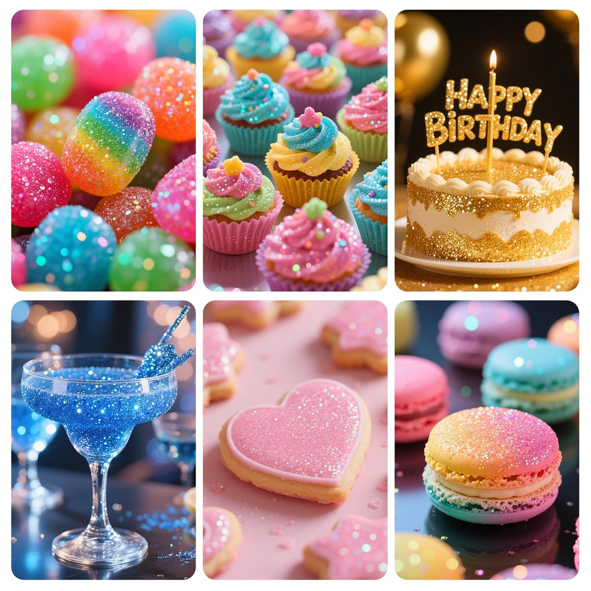 6 Colors Edible Glitter for Drinks, Cocktails, Cakes, Food Grade