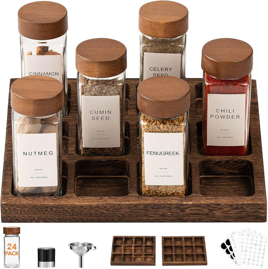 Yangbaga 24Pcs Glass Spice Jars with Labels-4oz Acacia Wood Lid Square Spice Containers and 2pcs Rack with Pepper Grinder