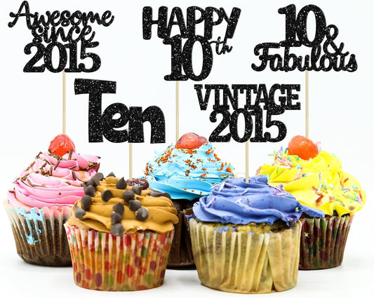 Gyufise 30Pcs Vintage 2015 Cupcake Toppers Glitter Ten Happy 10th Cupcake Picks Cheers to 10 Years Birthday Cake Decorations