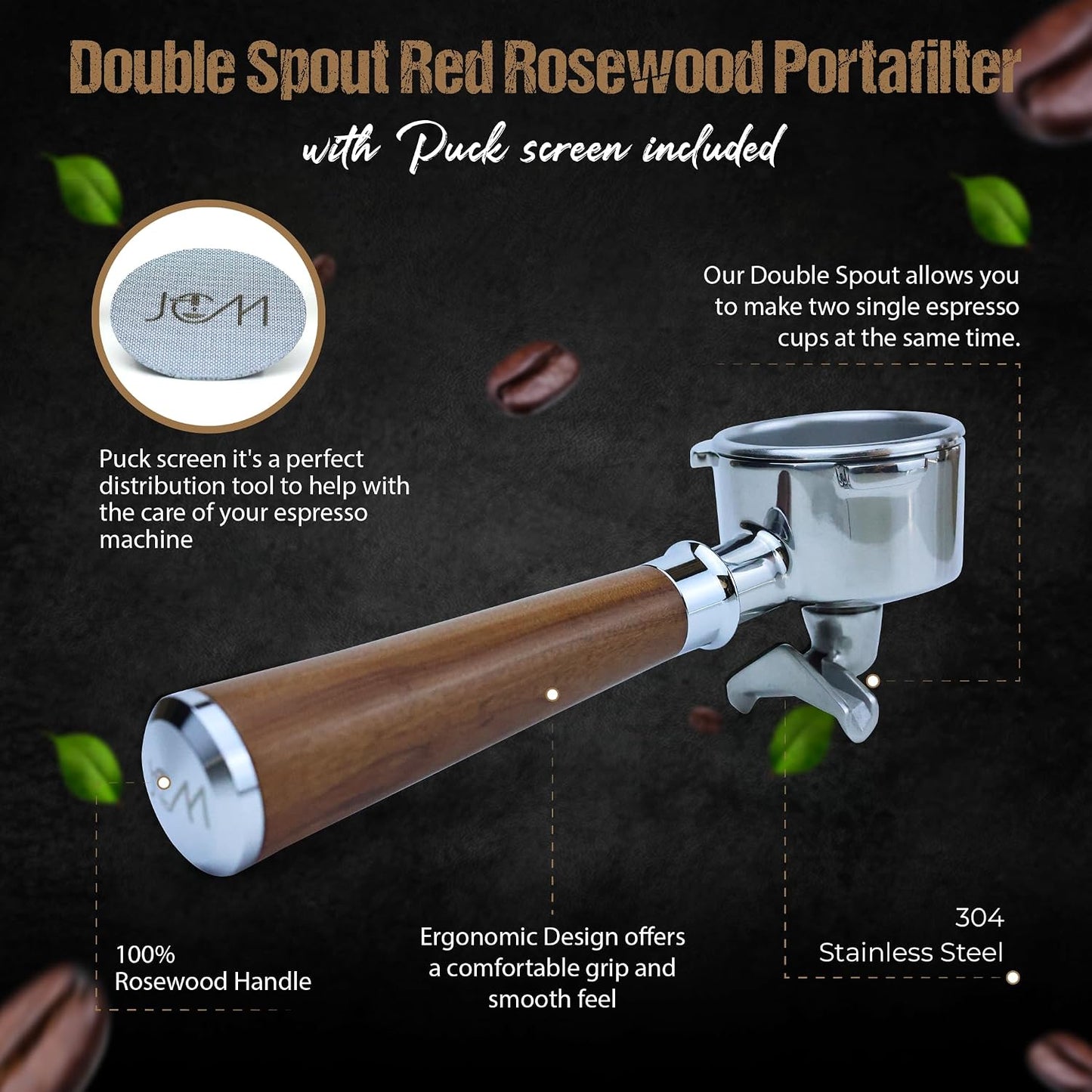 54mm Double Spout Portafilter for Breville Espresso Machines with 18g Filter Basket &amp; 53.35mm Espresso Puck Screen Double Spout – Rustic Red Rosewood