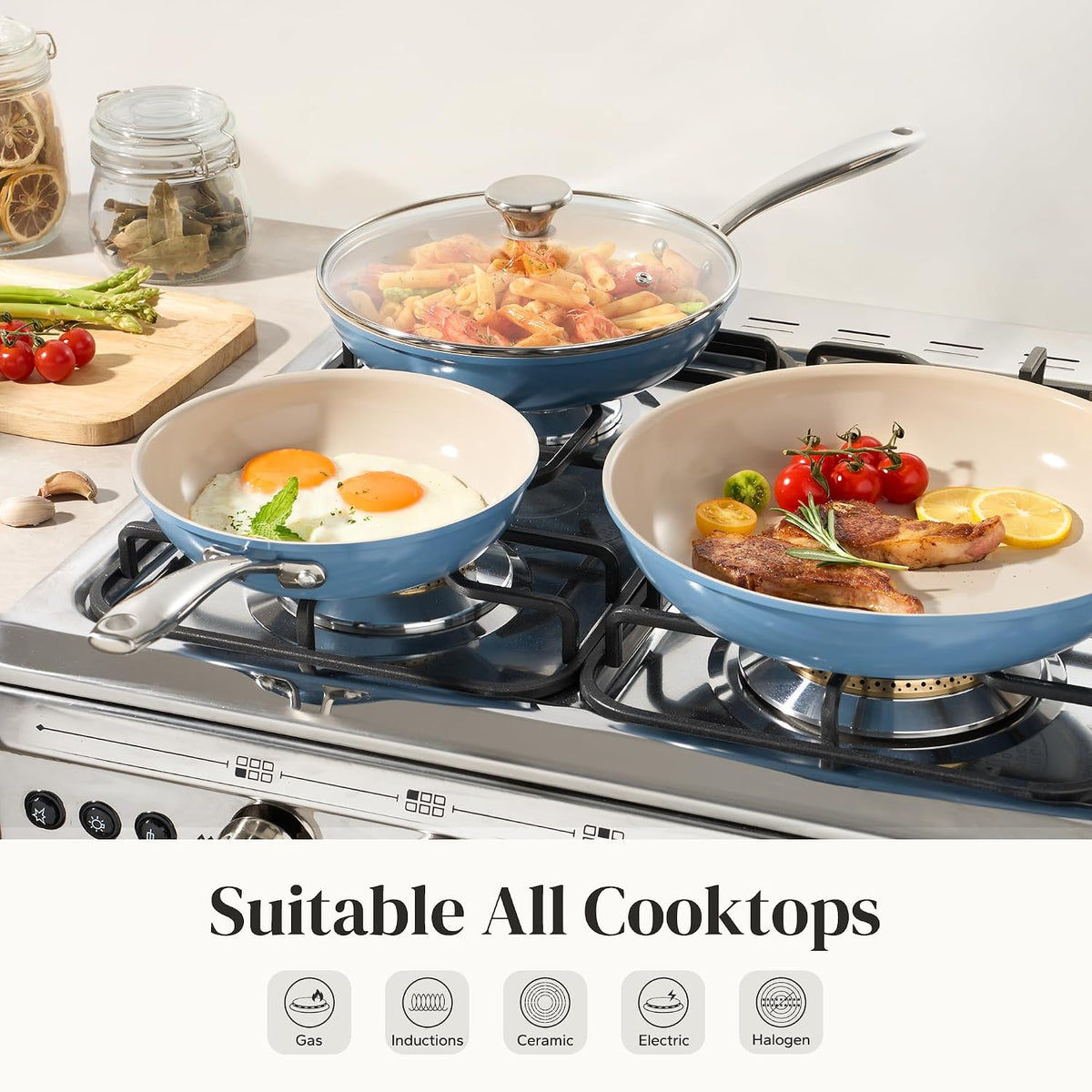 Redchef Ceramic Nonstick Cookware Set, 8/9.5/11", Tempered Glass Lids, Blue