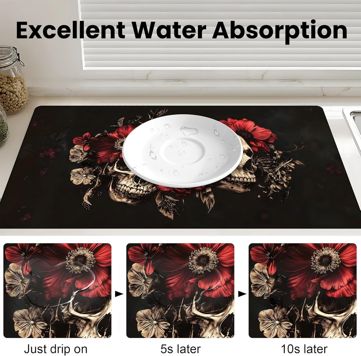 17"x 32" Coffee Bar Mat, Halloween Skull Flower Absorbent Dish Drying Mat Cuttable Hide Stain Draining Table Pad for Kitchen Counter, Coffee Bar Accessories