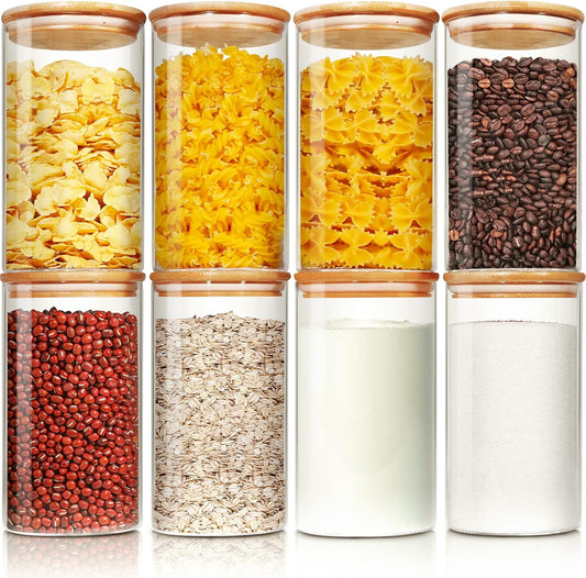 Glass Jars with Bamboo Lids 28 floz [Set of 8], Glass Canisters with Airtight Lids, Glass Food Storage Containers for Pasta,