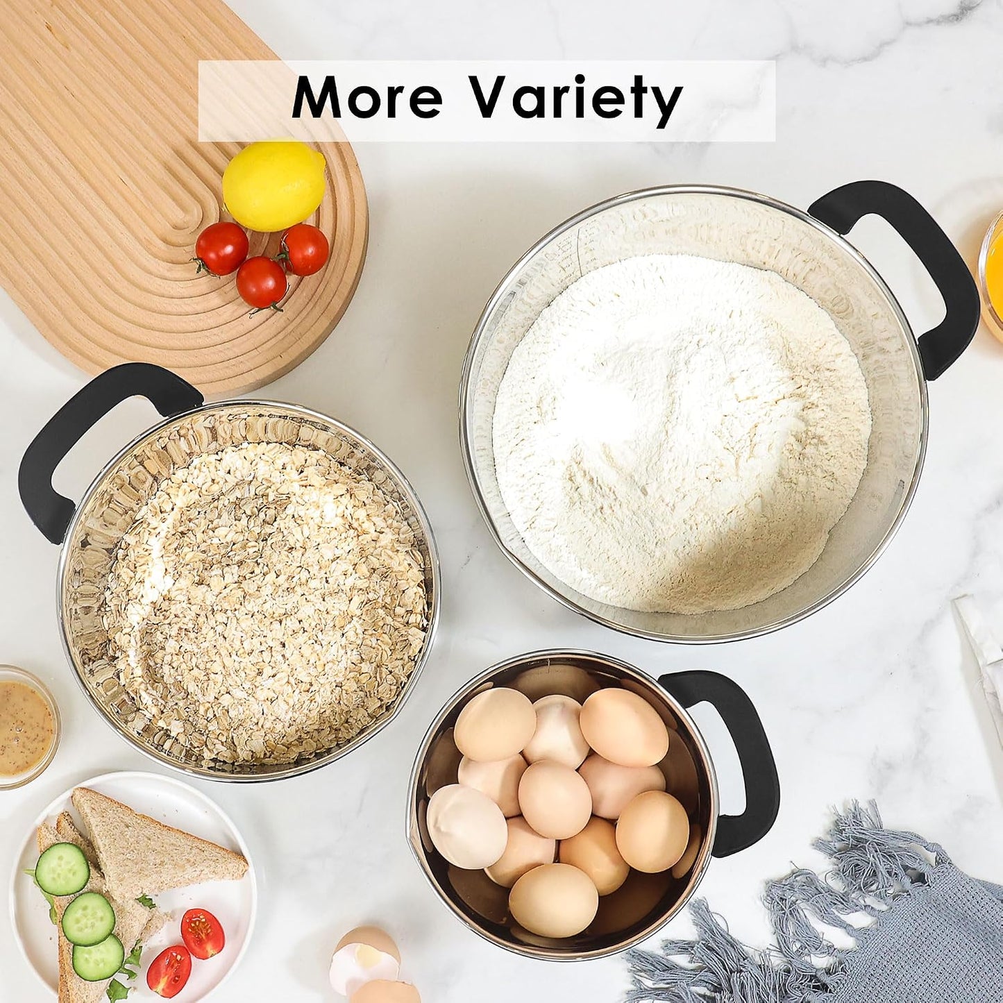 Stainless Steel Mixing Bowls: Stackable Mixing Bowl Set with Lids and Handles Non-slip Silicone Bottom Nesting Bowls for Kitchen Set of 3 - Black