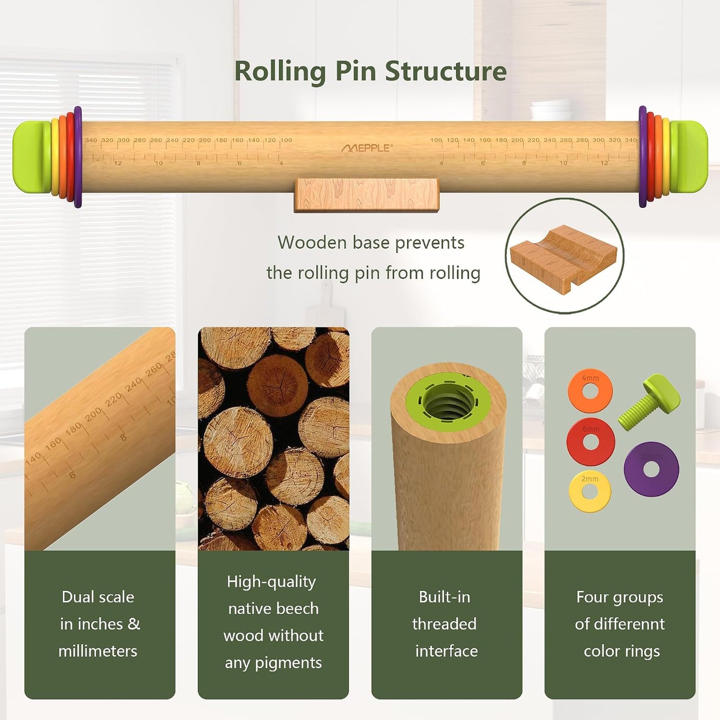 Rolling Pin with Thickness Rings,13.6''Dough Roller&amp;Stand Fits Baking Dough