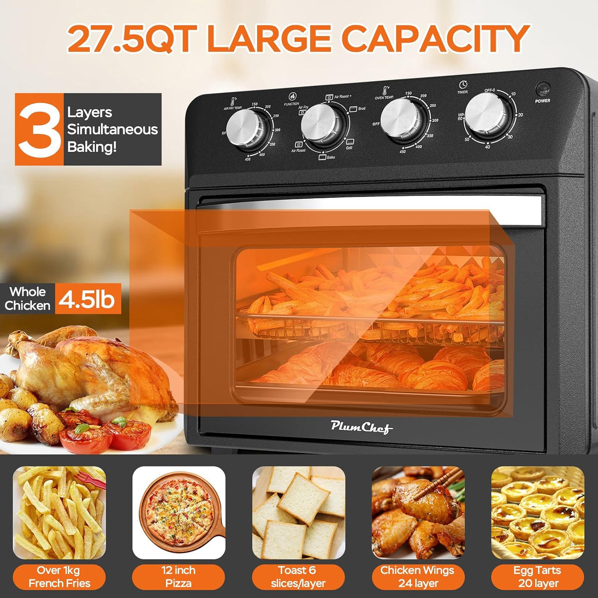 PlumChef 13 Quart 4 Slices Air Fryer Convection Toaster Oven, 1500W, Multifunction Oven for Roast, Bake, Grill, Broil, Toast（stainless steel）
