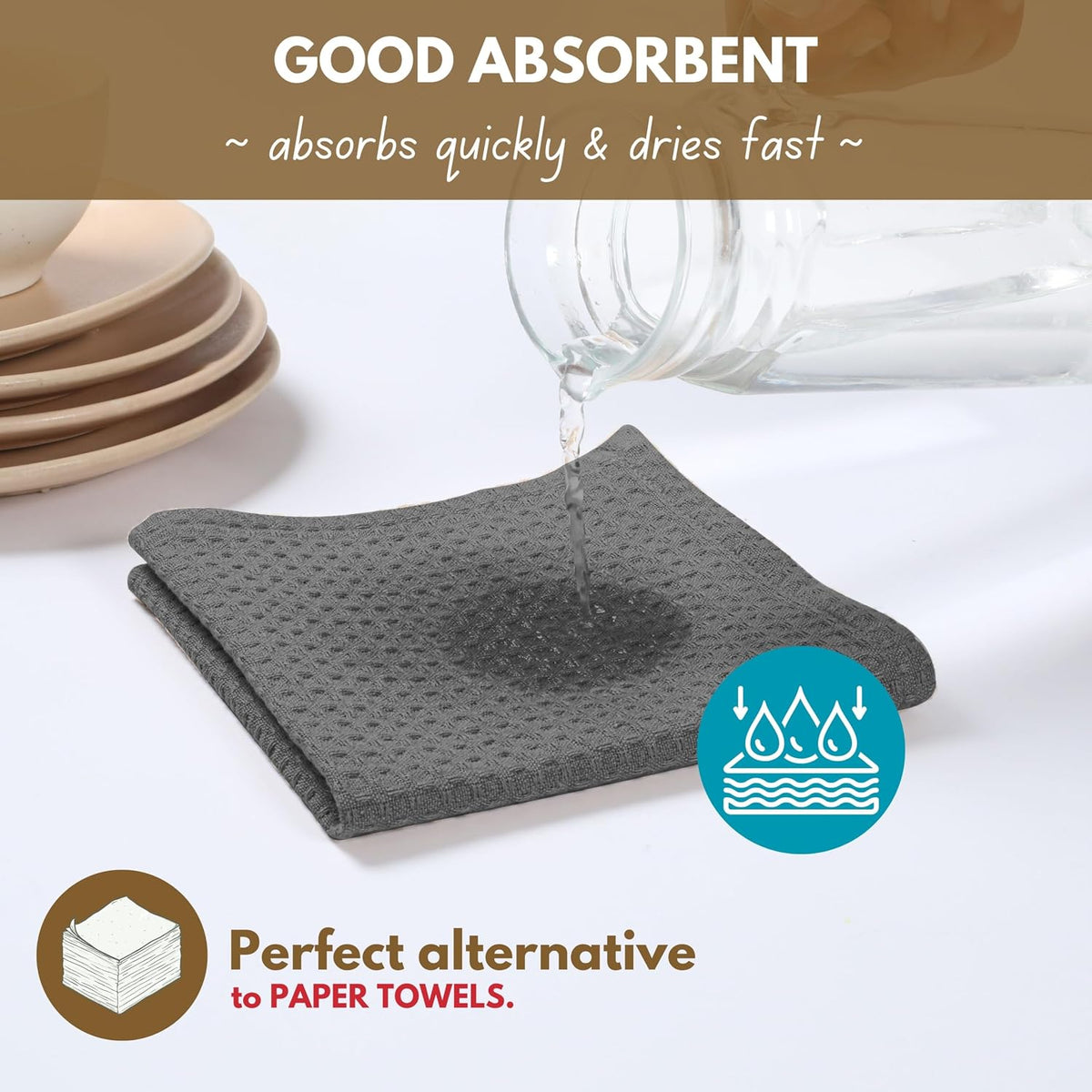 Native Fab 12 Pack Dish Cloths - 100% Cotton, Absorbent, Quick Drying, Reusable &amp; Washable Towels for Cleaning, Cooking &amp; Baking - Ideal for Home, Restaurants, Hotels, Cafes - 12 x 12 inches - Grey