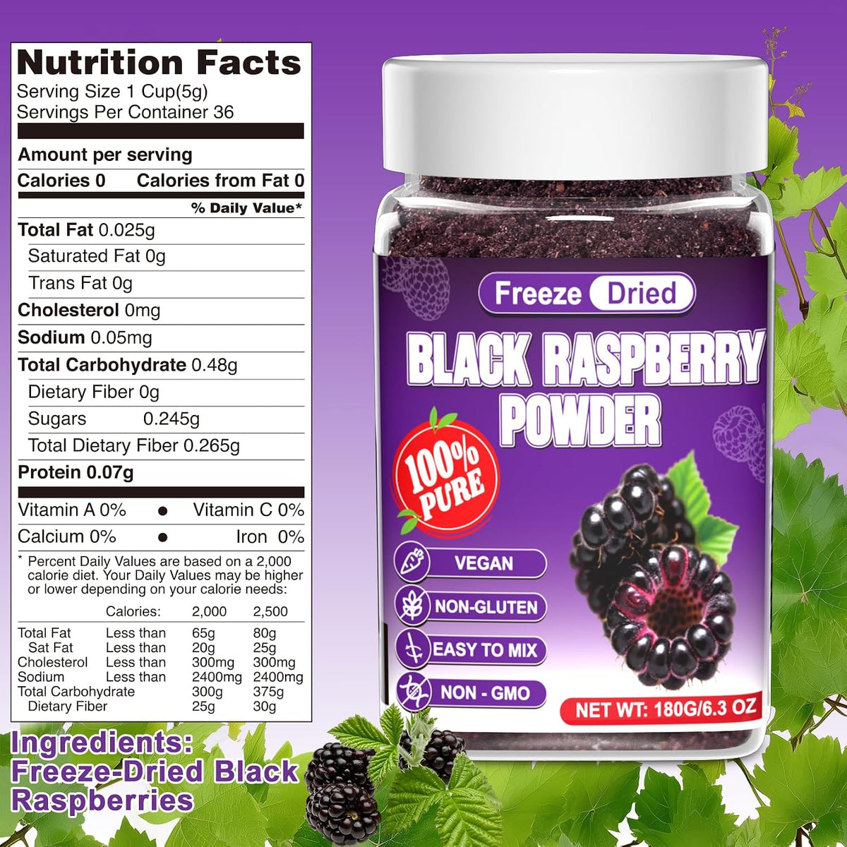 Freeze Dried Black Raspberry Powder - 6.5 OZ Super Fruit Powder, 100% Black Raspberry Extract, No Additive, No Artifical Sugar Non-GMO Natural Food Coloring for Baking, Smoothies, Yogurt