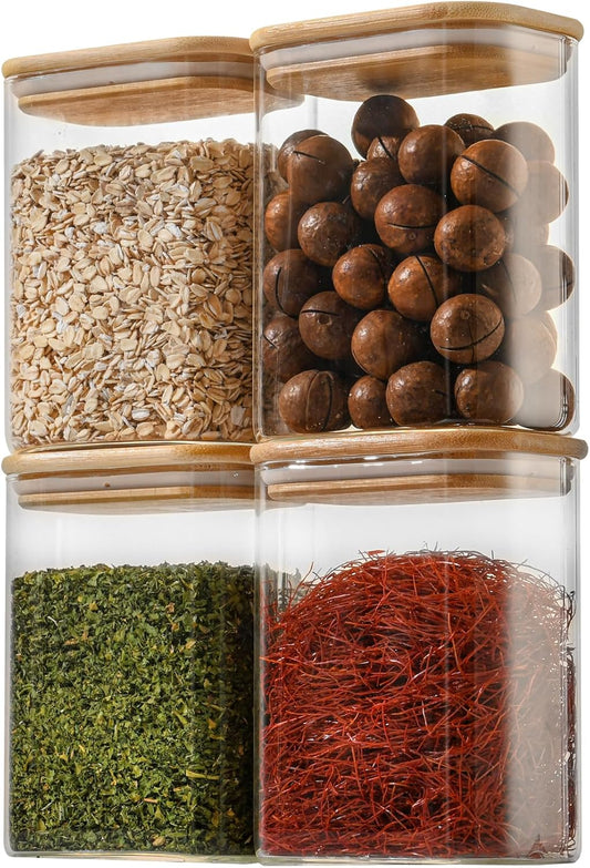 37oz Rectangle Airtight Glass Storage Containers with Bamboo Lids (Set of 4), Square Food Storage Jar, Pantry Organizers for