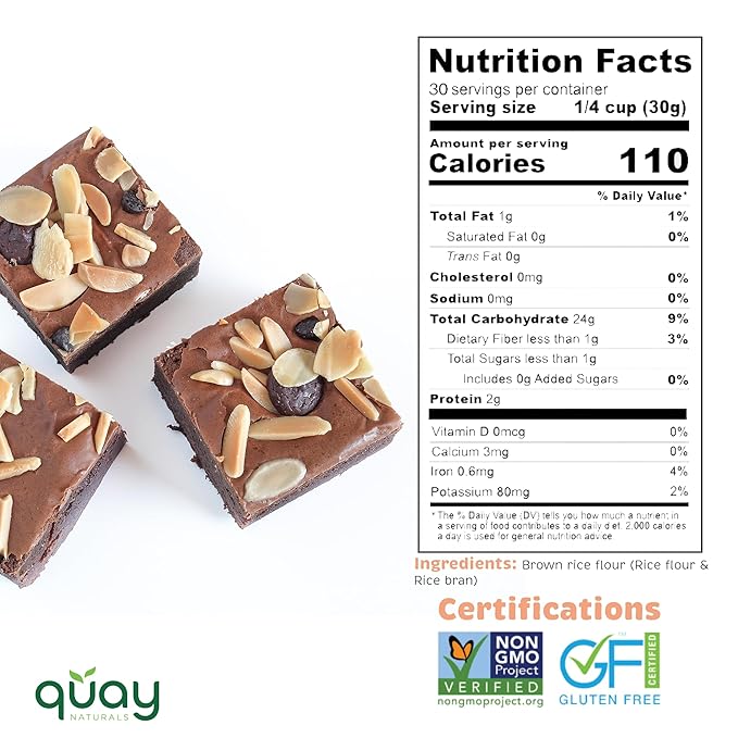 Quay Naturals Organic Brown Rice Flour Superfine 2 lb – Gluten Free, Non‑GMO, Whole Grain, Vegan Baking Flour, Stone Ground All Purpose Flour
