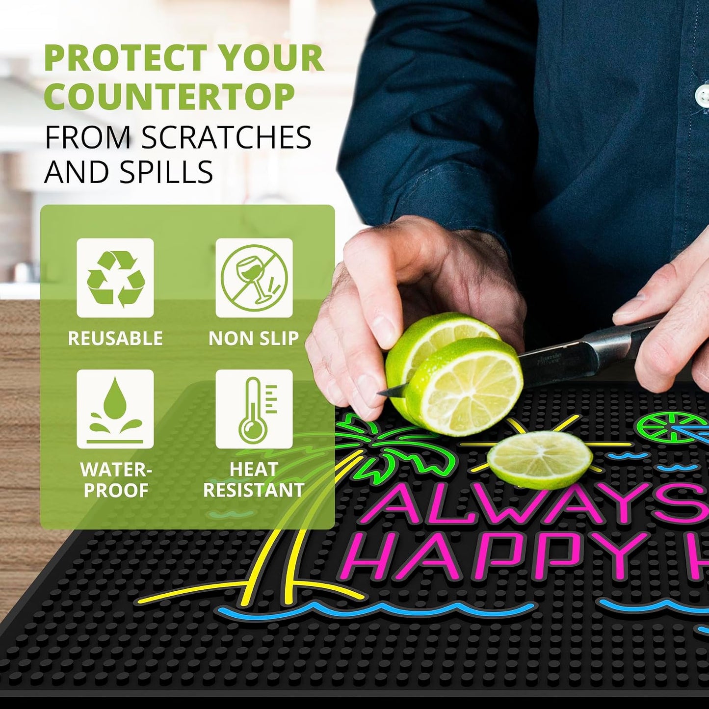 Always Happy Hour Bar Mat - Tiki 18"x12" Rubber Bar Mat for Home Bar, Outdoor Bar, Wet Bar &amp; Countertop, Non-Slip Tropical Spill Mat for Pool, Patio &amp; Tiki Lounge