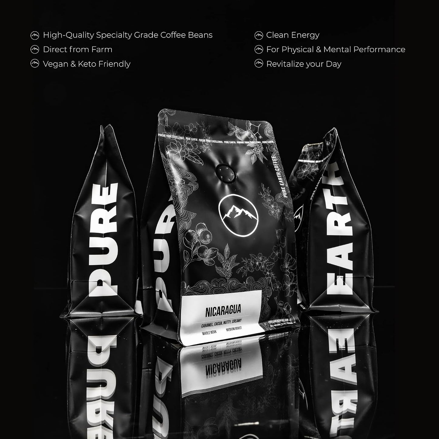PURE EARTH COFFEE CO. Whole Bean Coffee, Nicaragua Single-Origin Beans, Medium Roast, Low Acid Gourmet Specialty Grade Coffee, Caramel, Chocolate, Nutty Flavor Notes 12oz