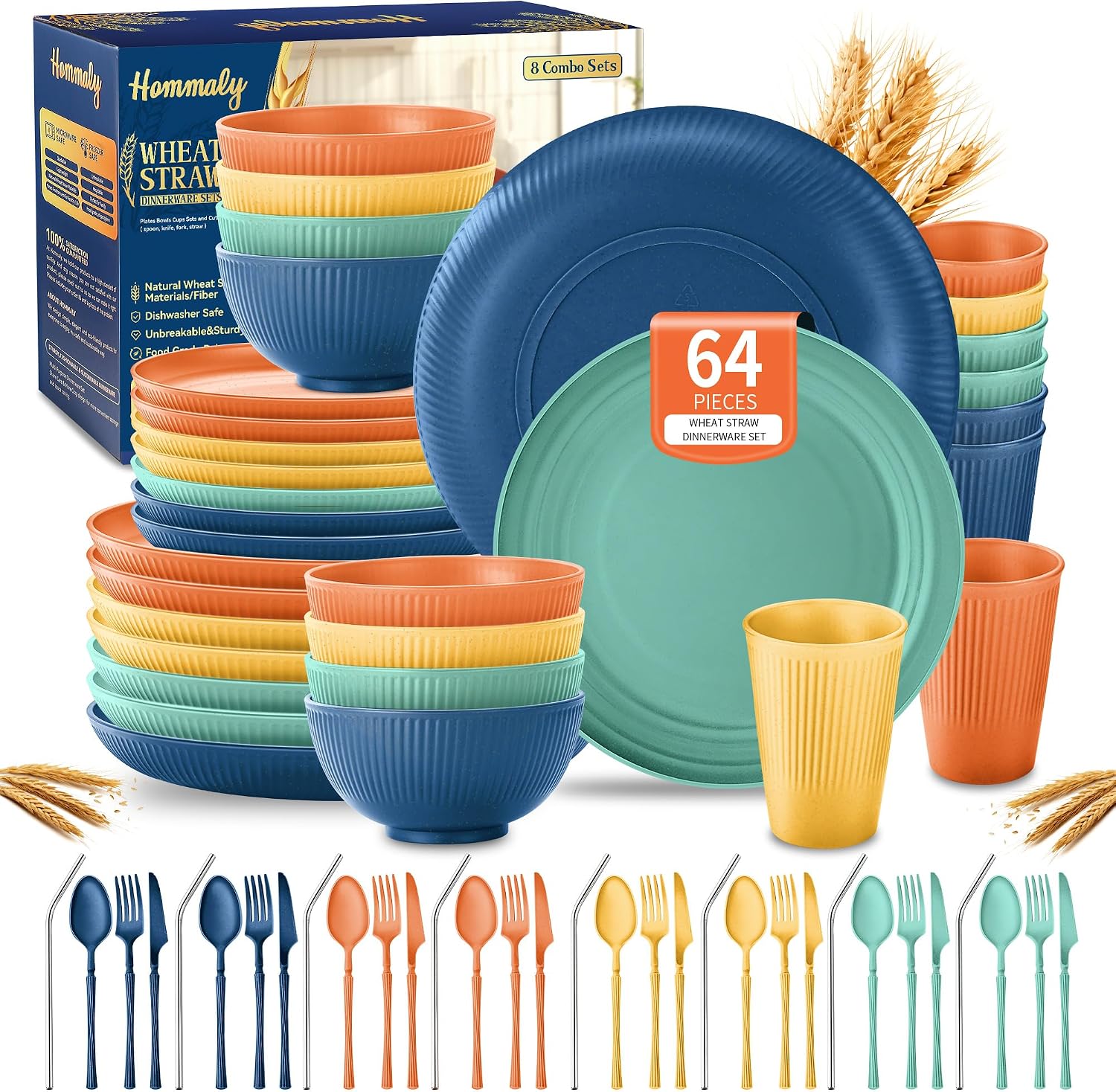 Wheat Straw Dinnerware Sets,64-Piece Plates and Bowls Sets for 8-Unbreakable,Reusable Plastic Dish Set-Dinner Plate/Dess