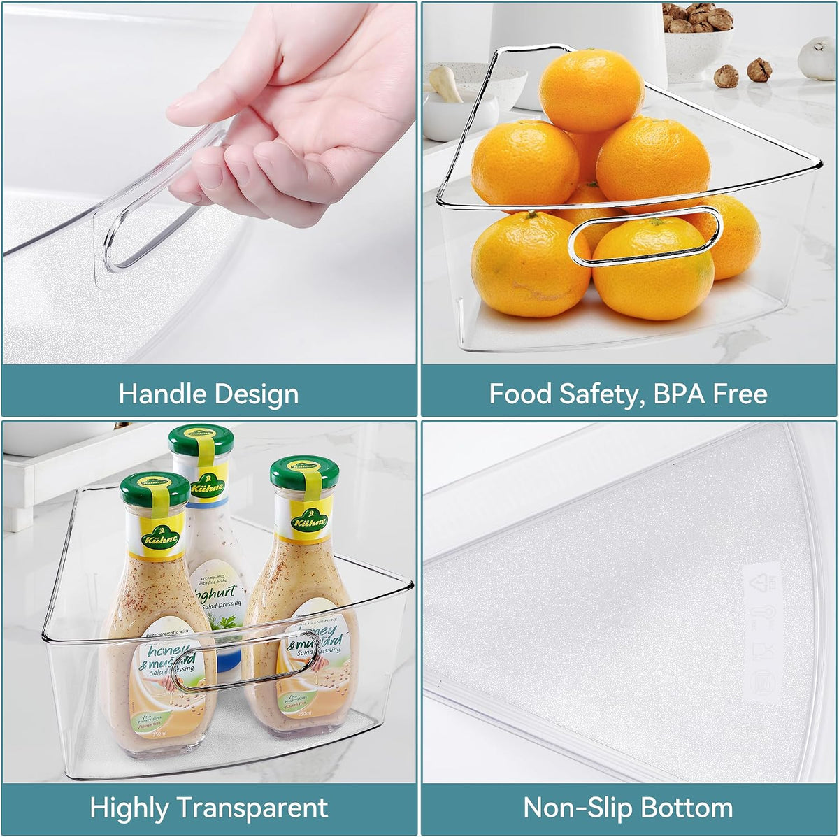 Oubonun Lazy Susan Organizers Set of 6, 10.2”x 9.4”x 4” Plastic Transparent Kitchen Cabinet Storage Bins with Handle, 4" Deep Container, 1/8 Wedge - Food Safe, without BPA