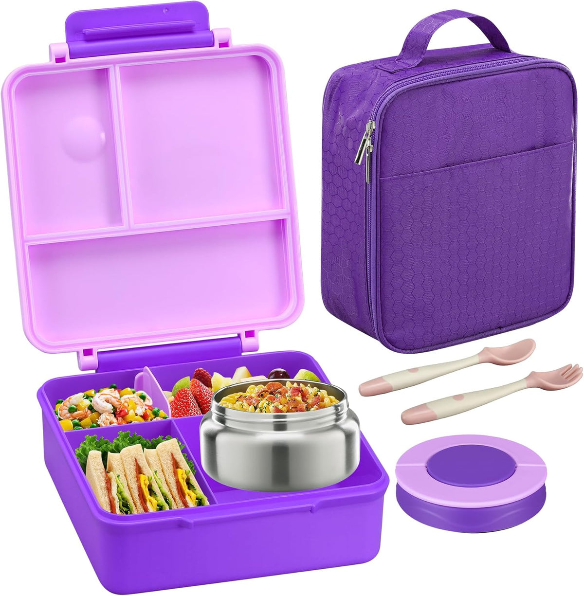 Bento Lunch Box for Kids with 8oz Soup Thermo&Lunch Bag, Leak-Proof Lunch Food Containers with 4 Compartment, Hot Food Insulated Food Jar for Kids School (Purple)