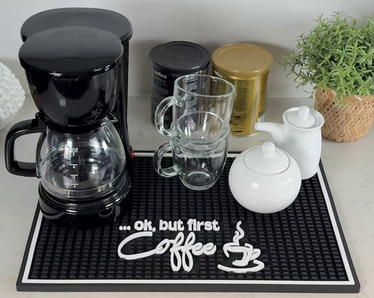 Ok But First Coffee Sign Rubber Bar Mat for Countertop, 18x12 Coffee Bar Mat, Coffee Bar Sign Counter Mat, Coffee Station