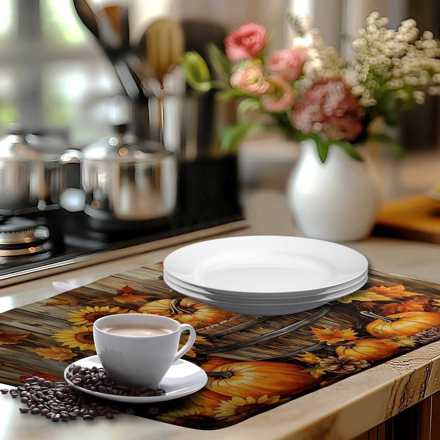 Fall Pumpkin Dish Drying Mat Autumn Maple Leaves Thanksgiving Large Kitchen Mats Dish Drying Pad Absorbent Dish Dryer Mat for Kitchen Countertops Microfiber Drainer Pad Dish Drying Mats (18x24 in)