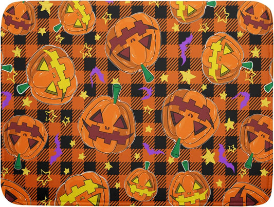 Giwawa Halloween Dish Drying Mat, 18"x24" Spooky Pumpkins Bats Orange Black Buffalo Plaids Dish Drainer Mats, Large