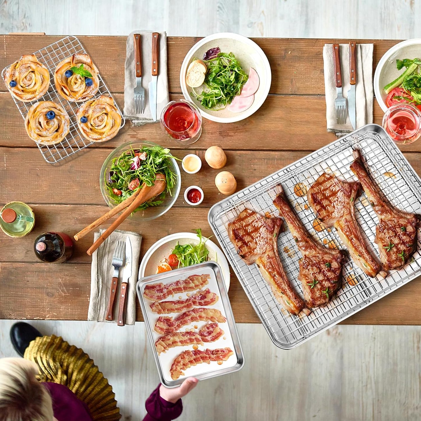 P&amp;P CHEF 16 + 10.4 Inch Baking Sheet Pan and Cooking Rack - 4 Pieces | 2x Cookie Sheet + 2x Grid Rack, Stainless Steel Oven Tray with Wire Rack for Oven Baking, Healthy &amp; Sturdy &amp; Easy to Clean