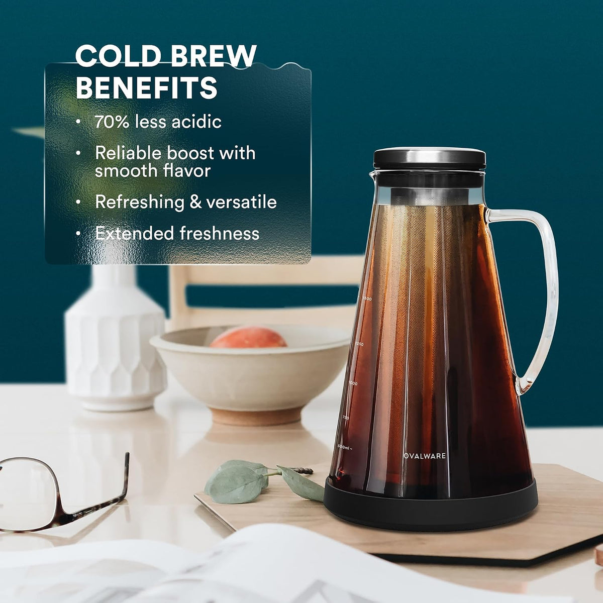 OVALWARE Airtight Cold Brew Coffee Maker with Tea Infuser &amp; Spout 1.5L/51oz | Borosilicate Cold Brew Coffee &amp; Iced Tea Maker with Removable Strainer &amp; Spout | Ideal for Home Baristas &amp; Tea Enthusiasts