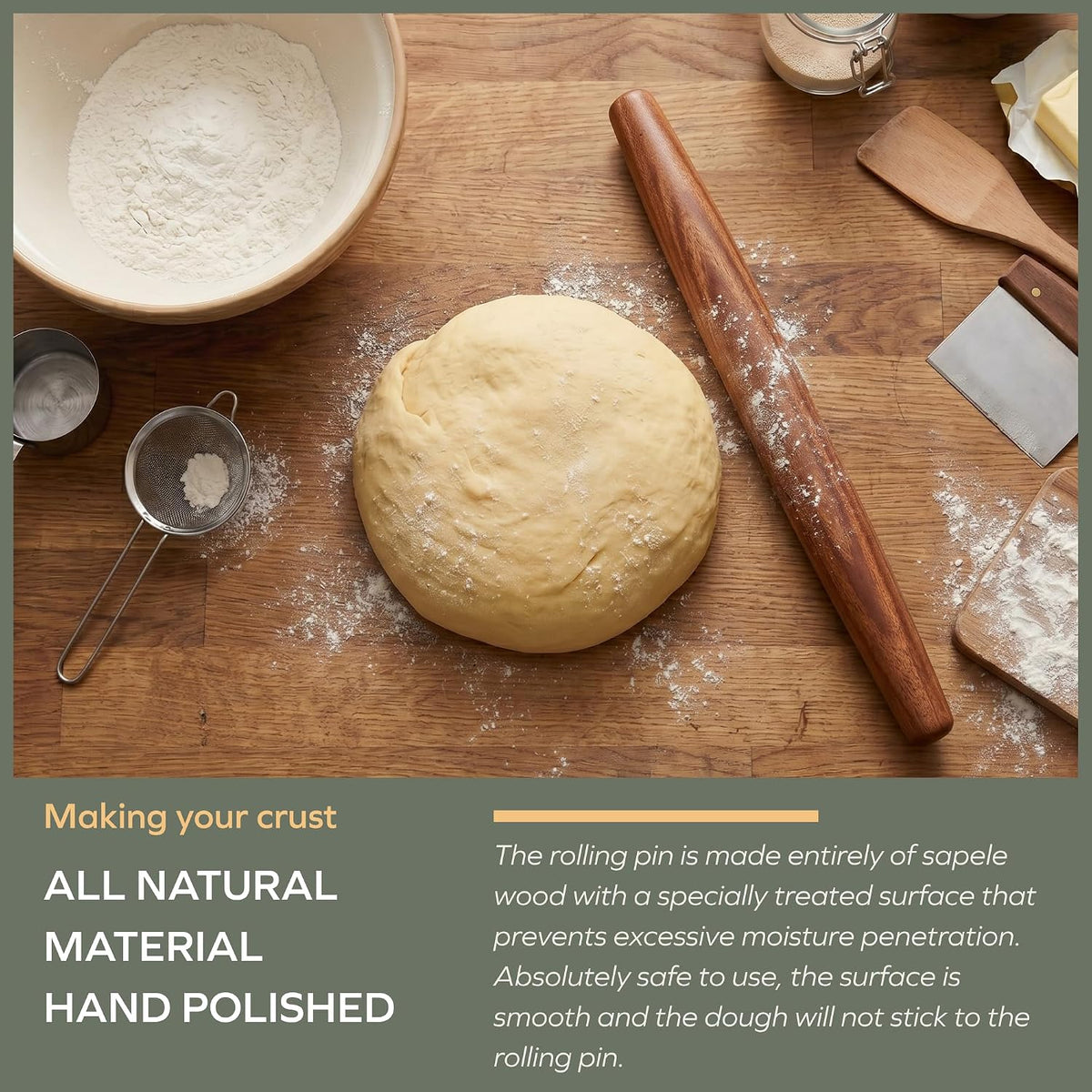 muso wood Sapele French Rolling Pin for Baking | Tapered Design, 15.75 inch, Ideal for Fondant, Pie Crust, Cookies &amp; Pastry Making