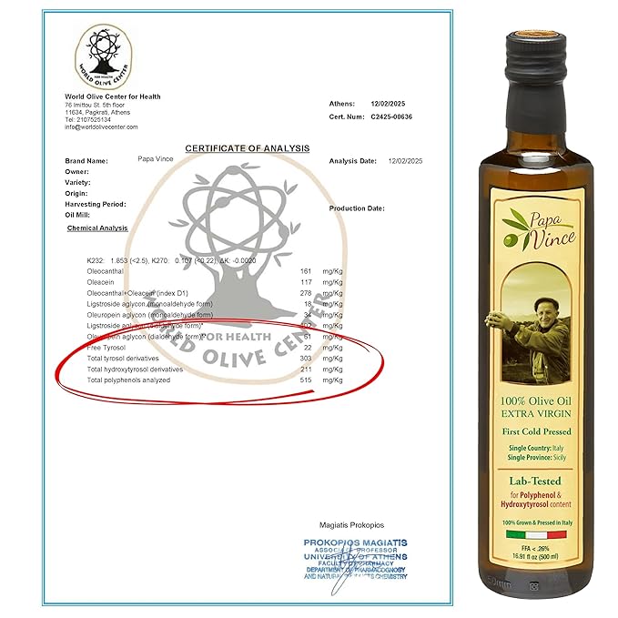 Papa Vince Olive Oil Extra Virgin - First Cold Press Family Harvest 2024/25, Polyphenol Rich, Subtle Peppery Finish, Unrefined, High in Monounsaturated Fat, No Pesticides, No GMO, Sicily, Italy