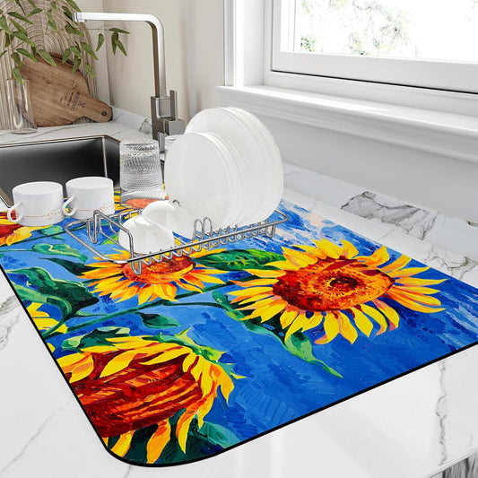 Kitchen Mat Oil Painting Sunflowers Dish Drying Mat 16"x24" Bsorbent Coffee Maker Mat for Sink Dishes or Under Rack Kitchen