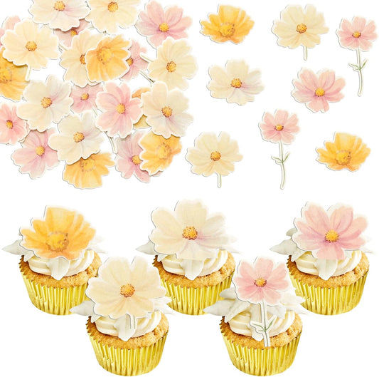 Ephlyn 50Pcs Edible Flower Cupcake Toppers Wafer Paper Spring Bridal Engagement Baby Shower Birthday Party Cupcake Picks