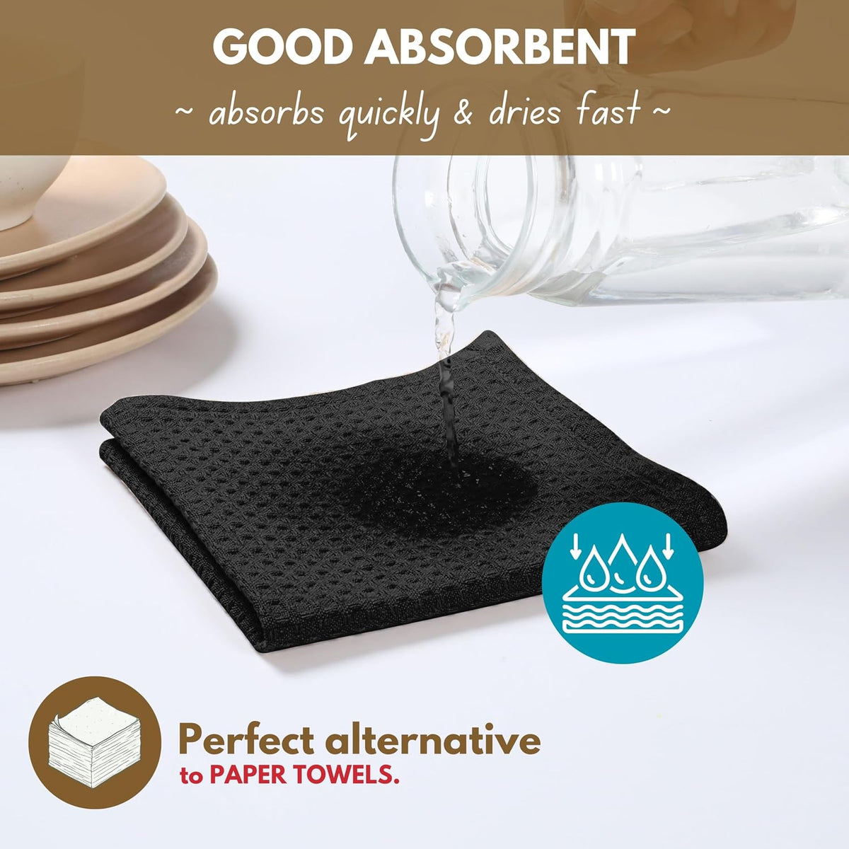 Native Fab 12 Pack Cotton Dish Cloths - Absorbent, Quick Drying, Washable, Durable Towels for Cleaning, Cooking &amp; Baking - Perfect for Everyday Use, Home, Bars, Restaurants - 12x12 Inches - Black