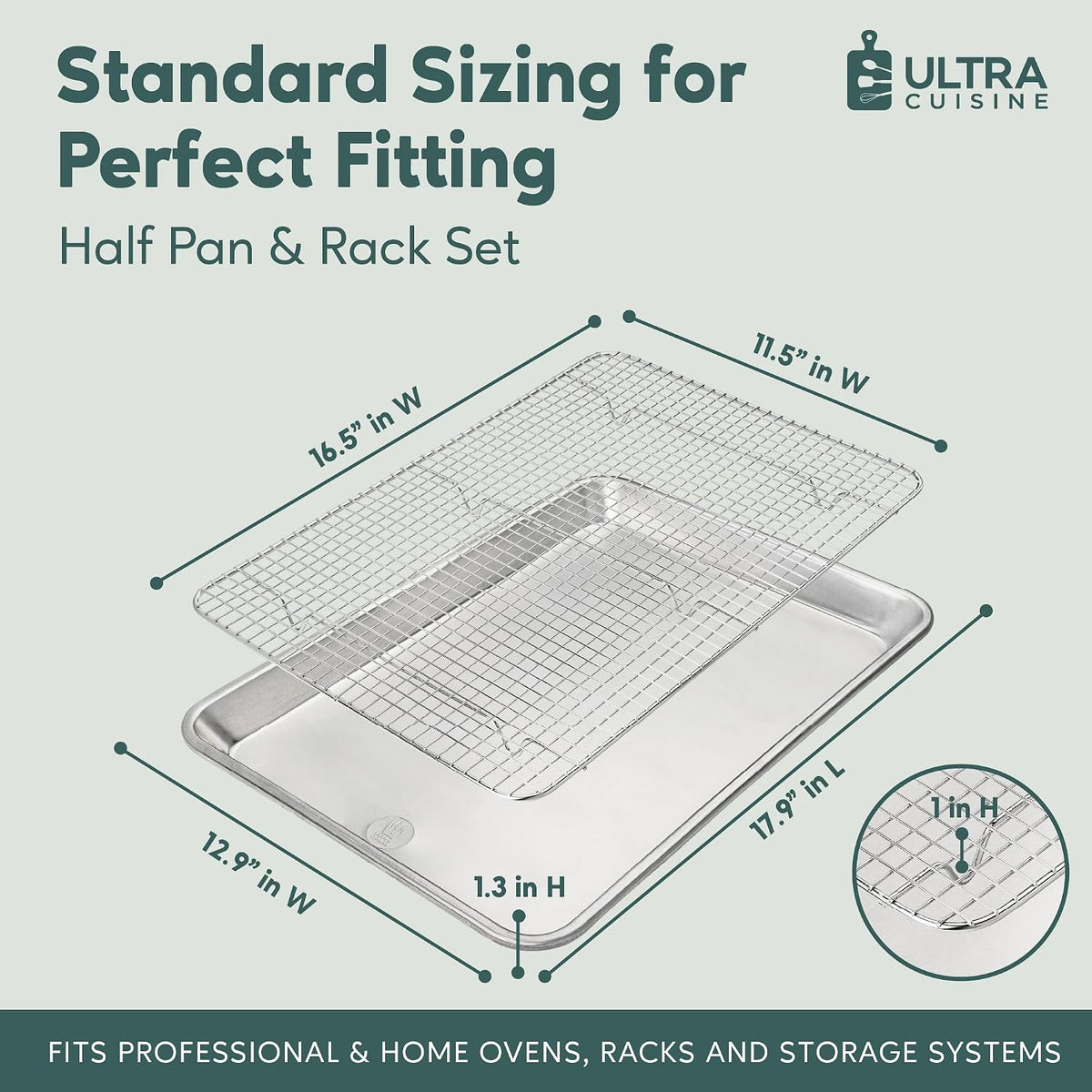 Aluminum Baking Sheet with Cooling Rack Set, 13'' x 18'' | 100% Stainless Steel Rack, Oven Safe, Half Sheet Size Pan, Durable Rimmed Sides, Easy Clean, Commercial Quality for Cooking