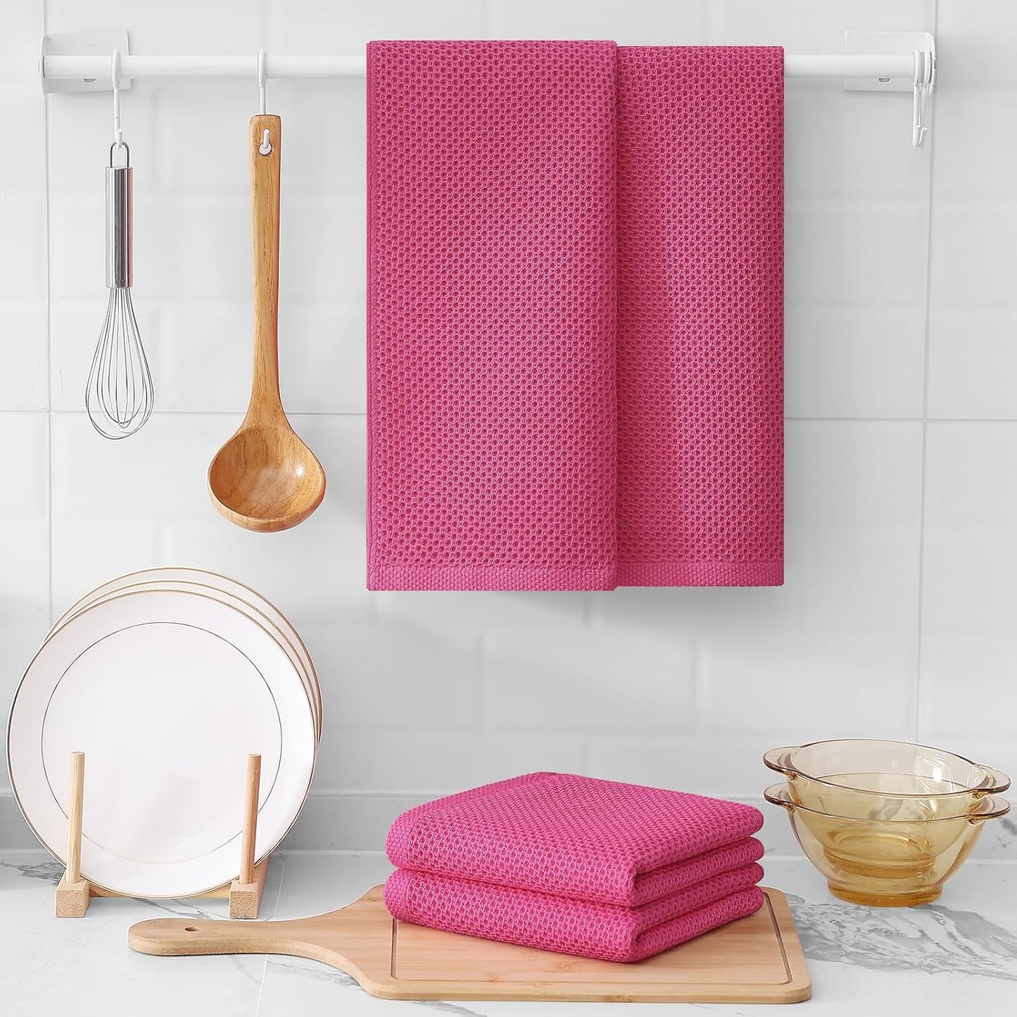 Kitinjoy 100% Cotton Waffle 4-Pack Kitchen Towels, 13" x 28", Hot Pink | Super Soft, Ultra-Absorbent, Fast Drying, lightweight, Quick Drying Kitchen Hand Towels