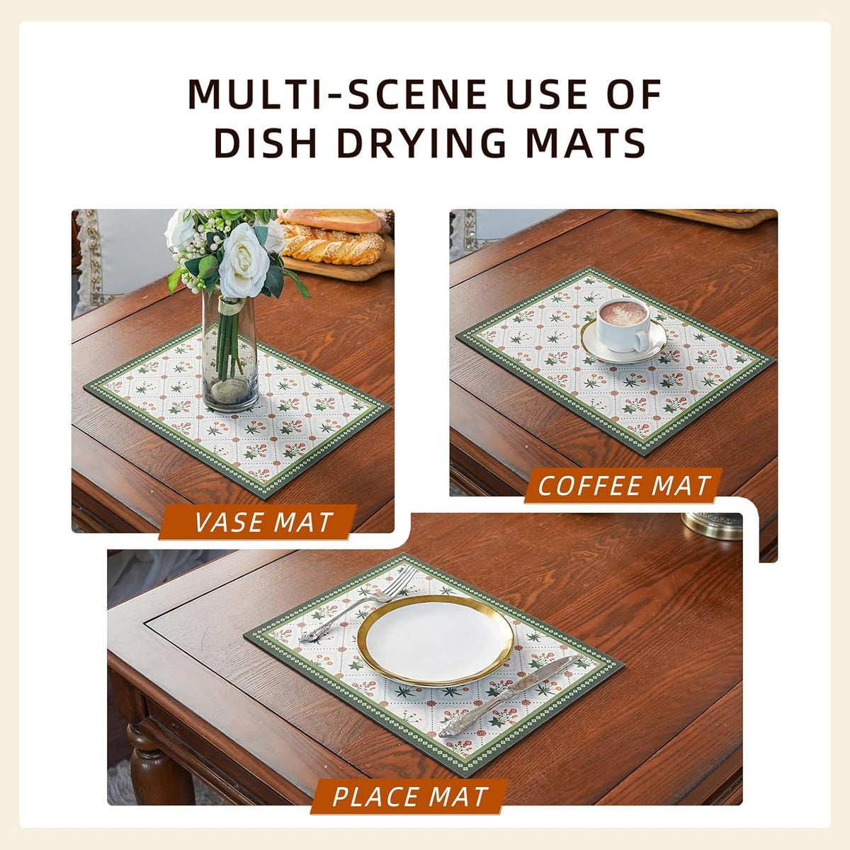 Dish Drying Mat Diatomaceous Earth Soft Coffee Mat, Silicone Dish Drying Mat for Kitchen Counter or Sink for Kitchen Bathroom Coffee Bar (Green, 16 x 24 Inches)