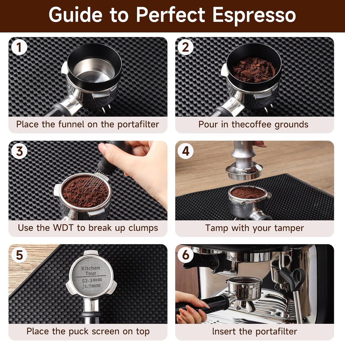 KitchenTour Espresso Accessories Kit 58mm, WDT Tool, Dosing Funnel and Puck Screen Set, 304 Stainless Steel Needle Coffee Distribution Stirrer, Portafilter Dosing Ring for Barista 58mm