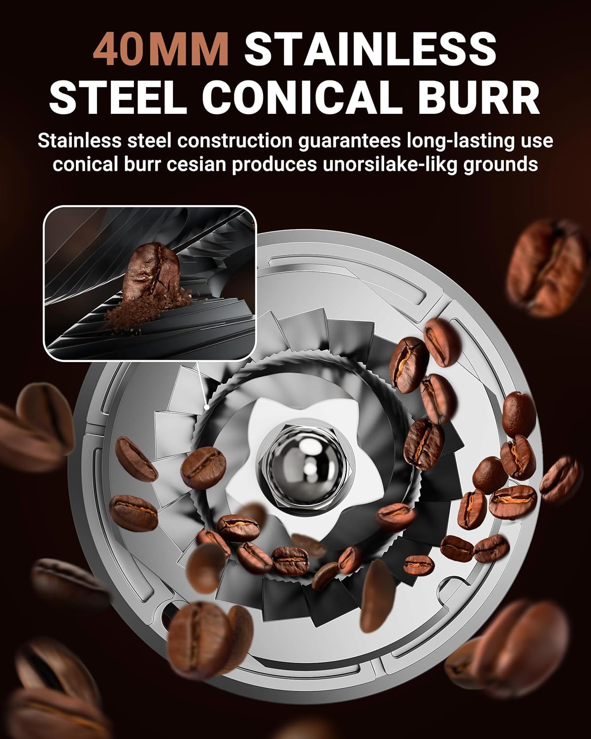 AMZCHEF Burr Coffee Grinder, 48 Settings, Less Static Mess, Metallic Silver | 40mm Burr, Low Retention, 0.5s LED Timer, Stainless Steel Body, Fit 51-54/58 Espresso Portafilter, Cleaning Brush Included