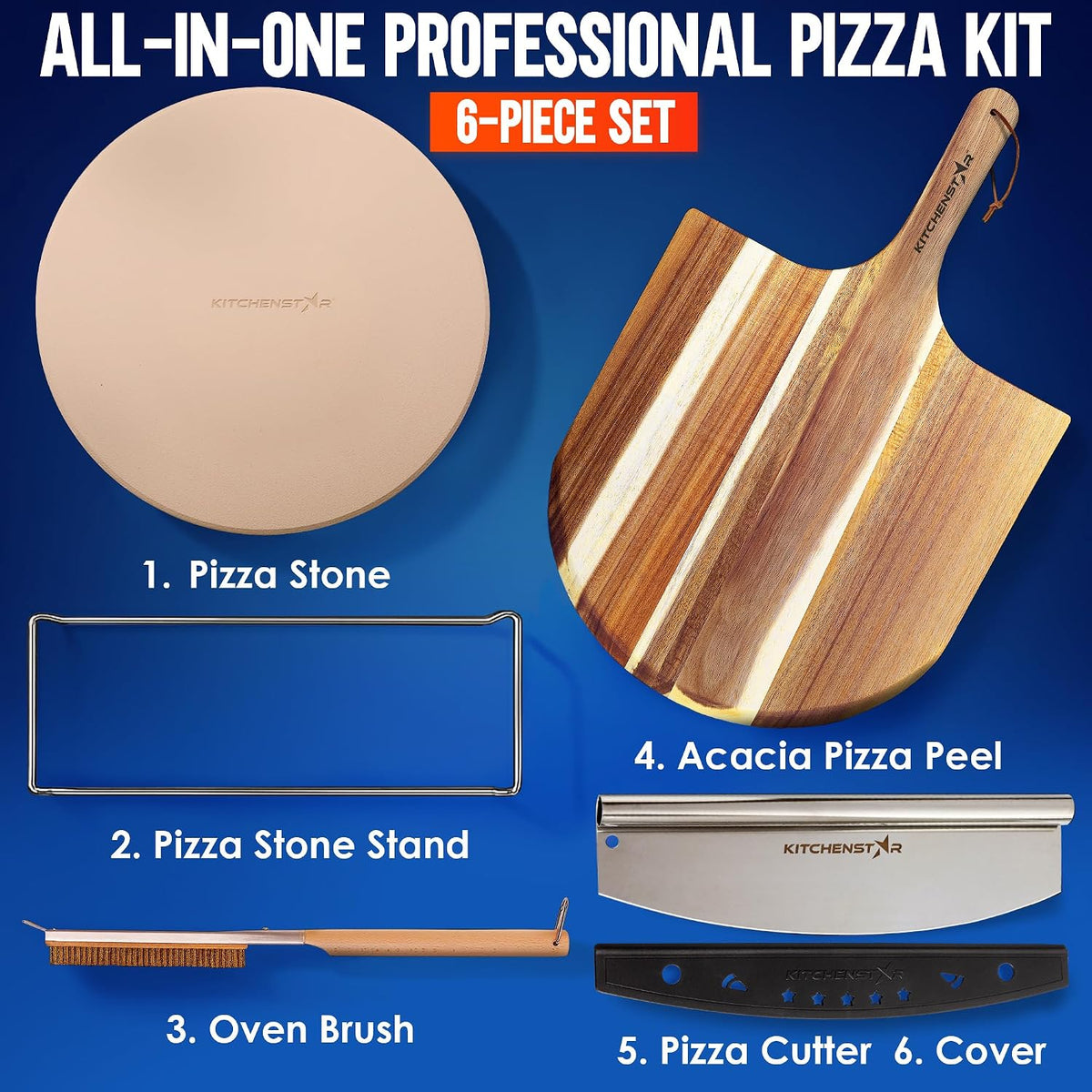 Pizza Stone Set for Oven and Grill – 16 Inch Cordierite Baking Stone, 1800°F Resistant, 6-Piece Kit with Acacia Wood Pizza Peel, Cutter Rocker, Steel Rack &amp; Cleaning Brush