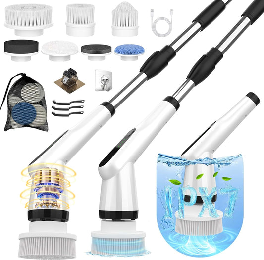 Electric Spin Scrubber, Dreazu IPX7 Bathroom Scrubber with 7 Replaceable Brush Heads & Retractable Handle, 2-Speed