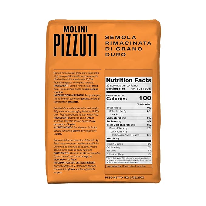Molini Pizzuti Remilled Durum Wheat Semolina – Semola Rimacinata – 1kg Bag – Ideal for Fresh Pasta, Rustic Bread, Pizza Crust & Artisan Baking