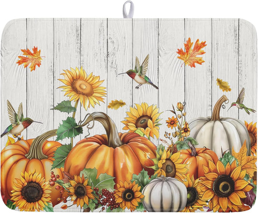Autumn Harvest Pumpkin Dish Drying Mat for Kitchen Counter Sunflower Maple Leaves Fall Dish Drying Mat 18”x24” Thanksgiving Dishes Pad Dish Drainer Rack Mats Absorbent Fast Dry Kitchen Accessories