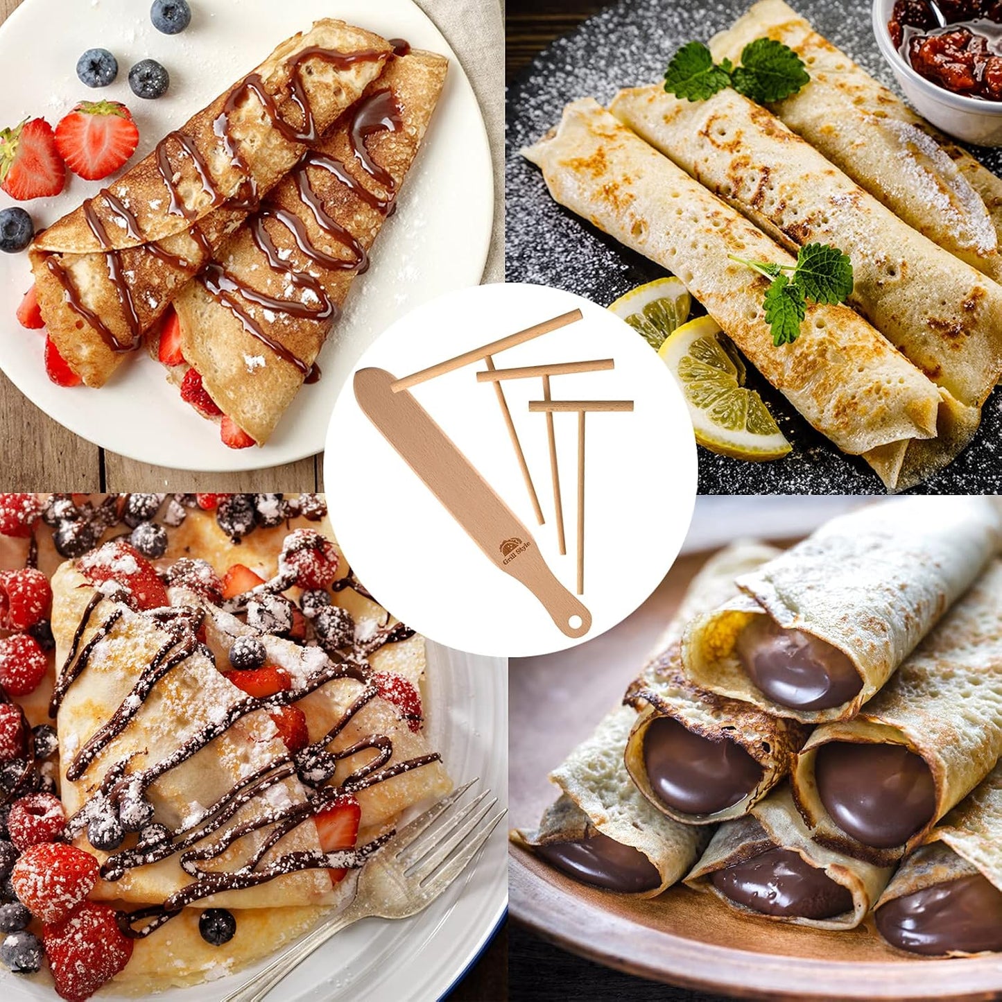 Crepe Spreader and Spatula Kit, Natural Wood Material Crepes Sticks | T-Shaped Batter Spreaders(3.5, 5, 7 Inch) &amp; Spatula Turner(13.4 Inch), Pancake Tool, Fit Any Crepe Pan Maker, Pack of 4