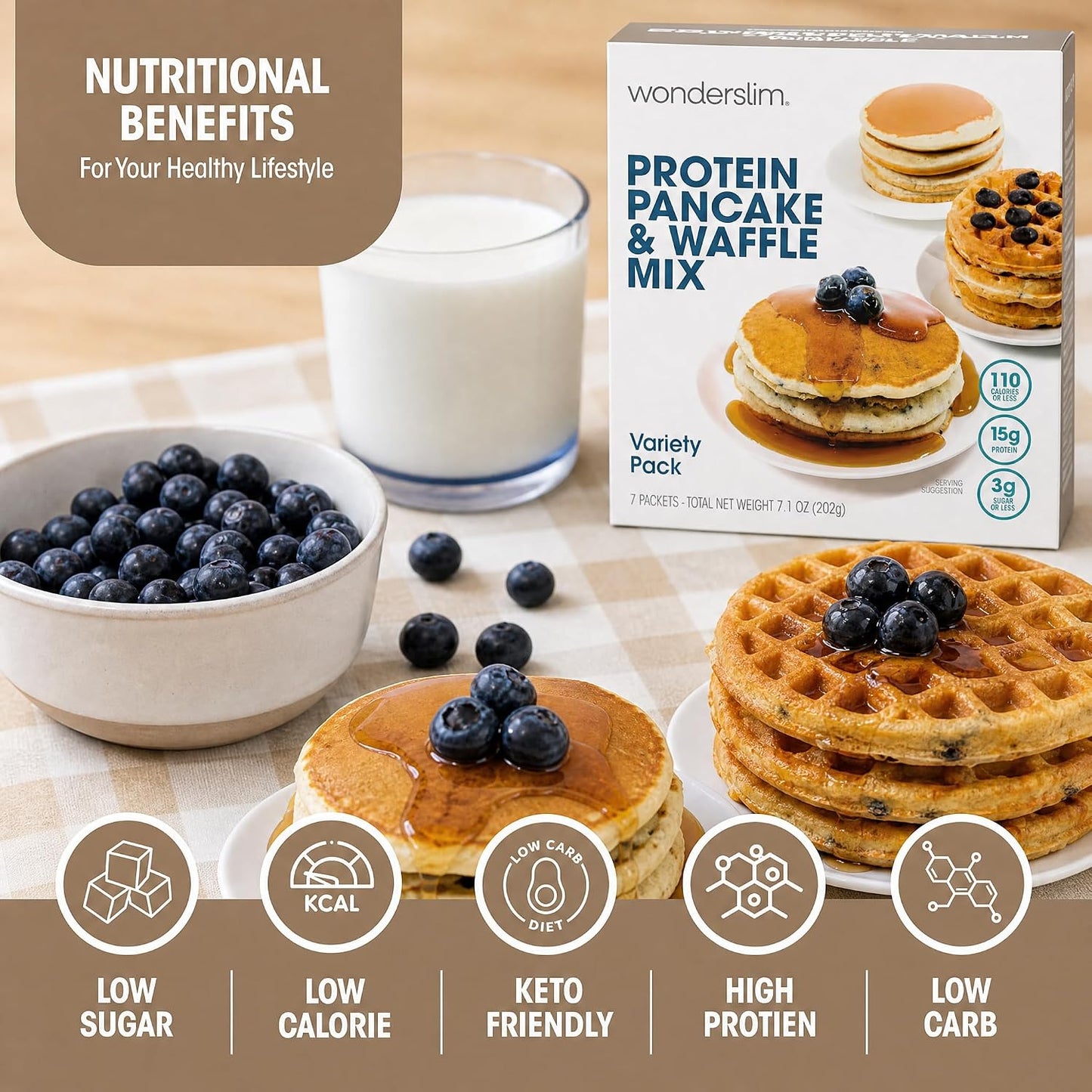 Wonderslim Protein Pancake &amp; Waffle Mix, Low Calorie – 7ct (Variety Pack)