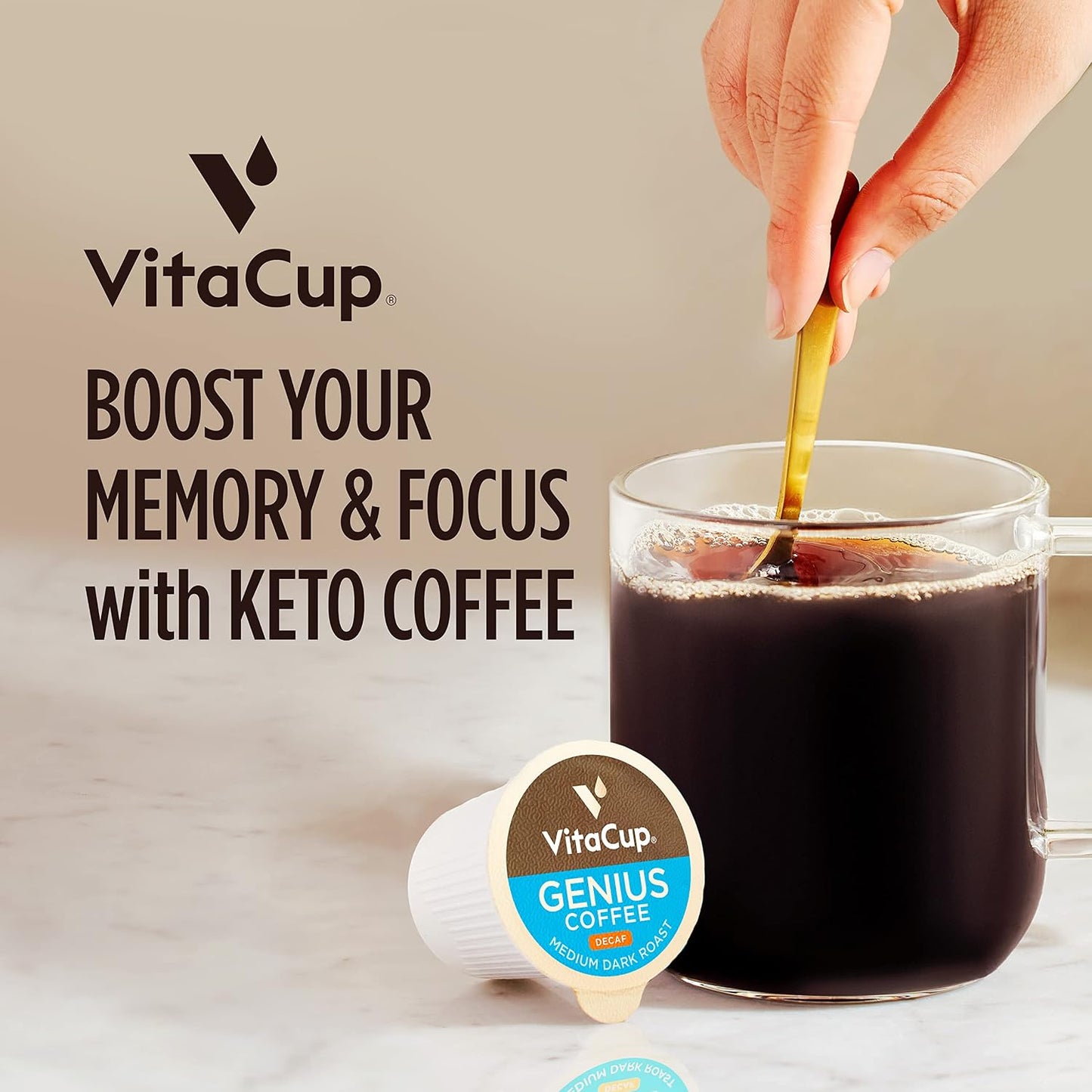VitaCup Decaf Genius Keto Coffee Pods with MCT Oil, Turmeric, and Vitamins B1, B5, B6, B9, B12, D3 for Focus in Recyclable Single Serve Pod Compatible with K-Cup Brewers Including Keurig 2.0, 64 CT | D3, MCT Oil, Turmeric