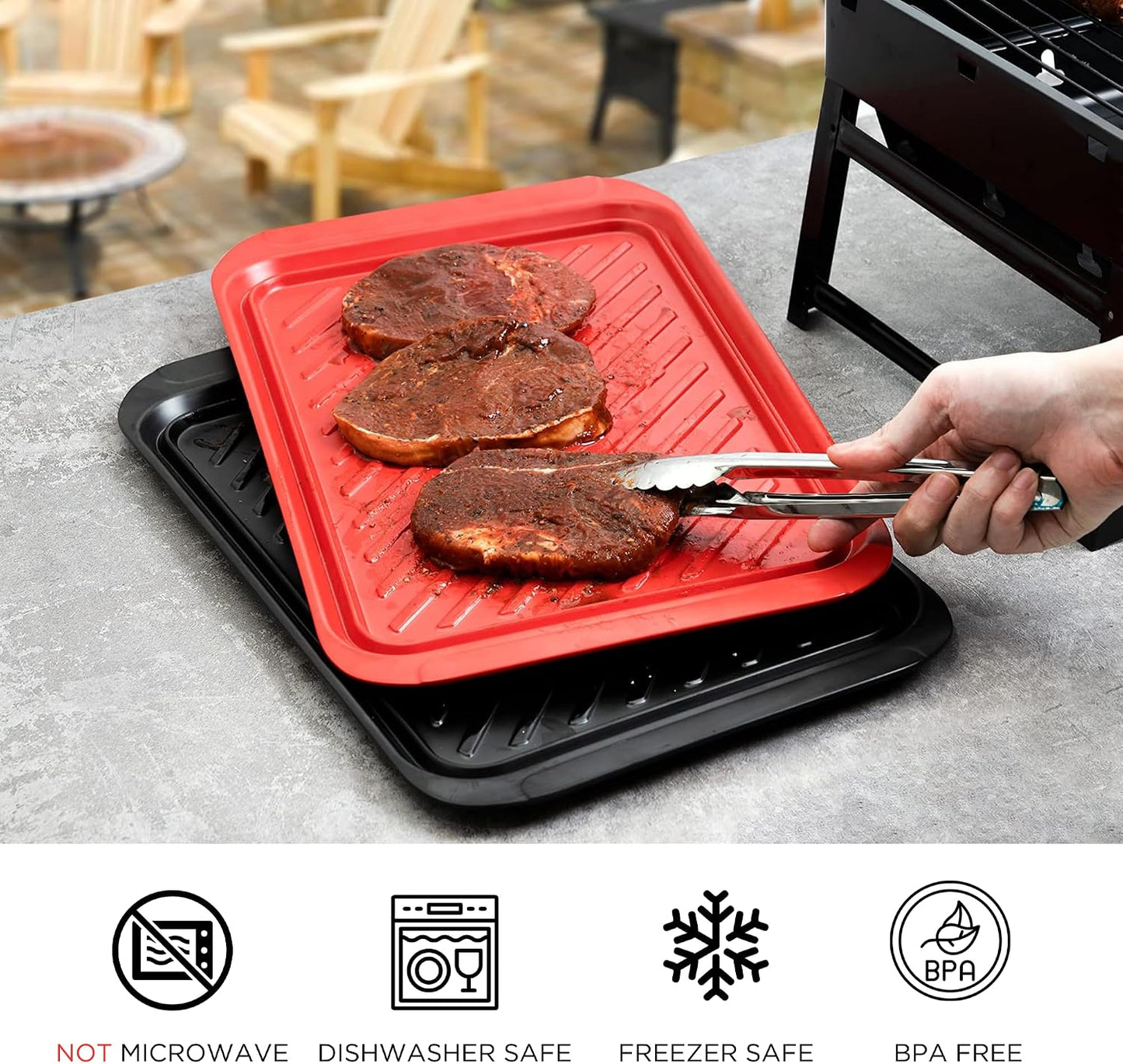 TP 17" x 10.5" Grilling Prep and Serve Trays, Set of 2, Black&amp;Red | Melamine BBQ Trays, Serving Platters for Meats, Raw and Cooked Food Separation, Grill Accessories, Break-resistant
