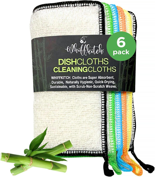 Whiffkitch Dishcloths Dishrags for Kitchen and Household Cleaning 6x7 6-Pack Non-Scratch 2-Ply Weave, Bamboo-Rayon Fabric,