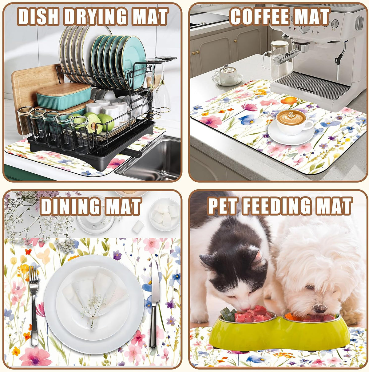 Watercolor Floral Meadow Coffee Mat Absorbent Dish Drying Mat for Kitchen Counter Hide Stain Rubber Backed Coffee Bar Accessories Fit Under Espresso Machine Dish Drainer, 11.8 x 19.7 Inch